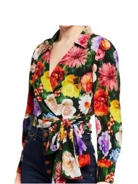 ALICE + OLIVIA Omega Floral Blouson Sleeve Wrap Blouse